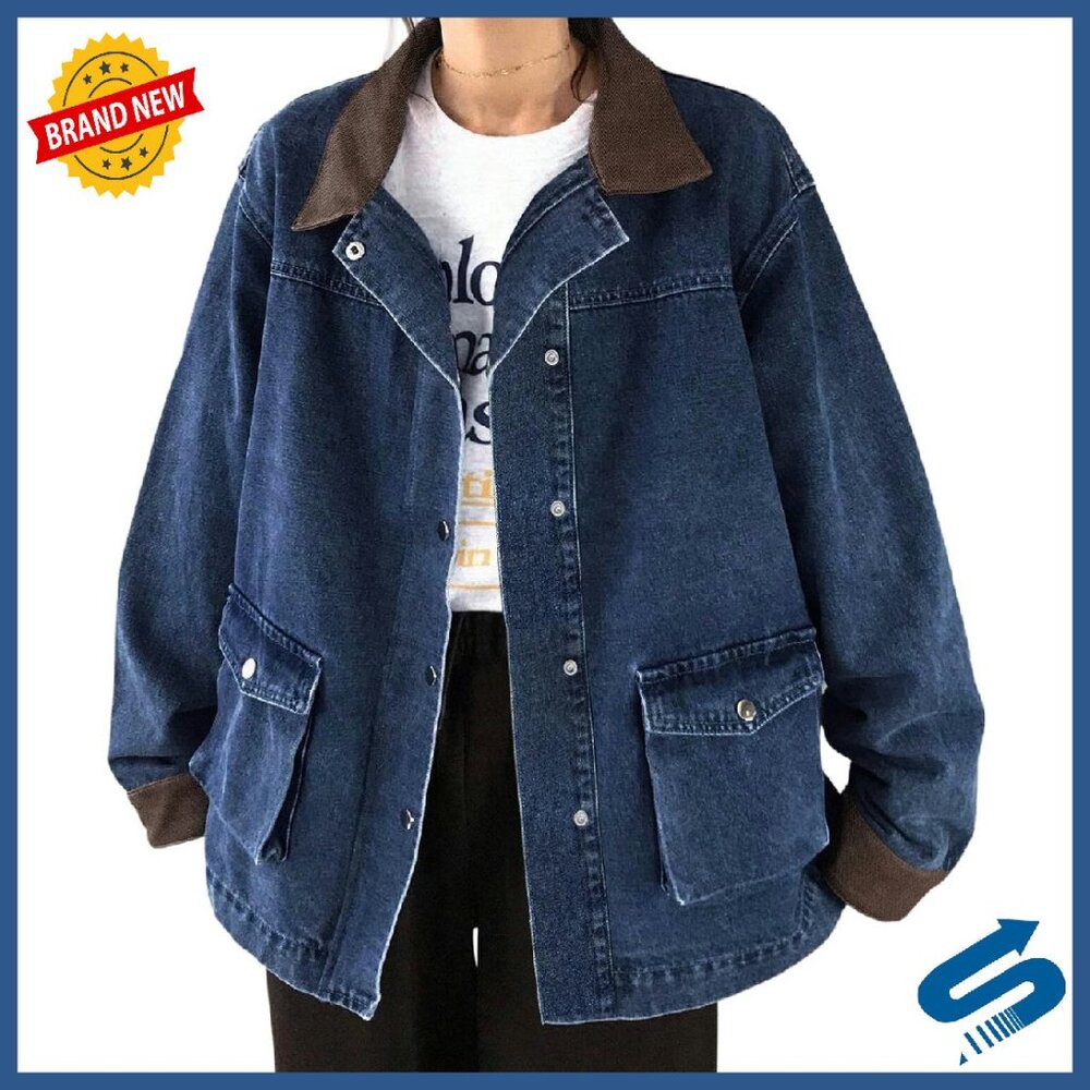 Oversized Denim Jacket Women Y2k Vintage Relaxed Fit Faux Leather Collar